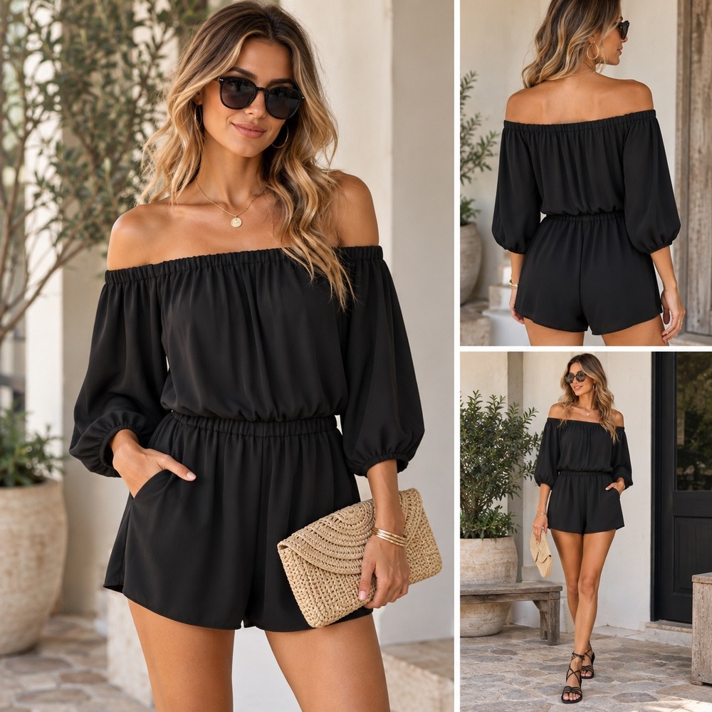 RACHEL Rachel Roy Womens M Black Off Shoulder Romper 3/4 Sleeve Pockets